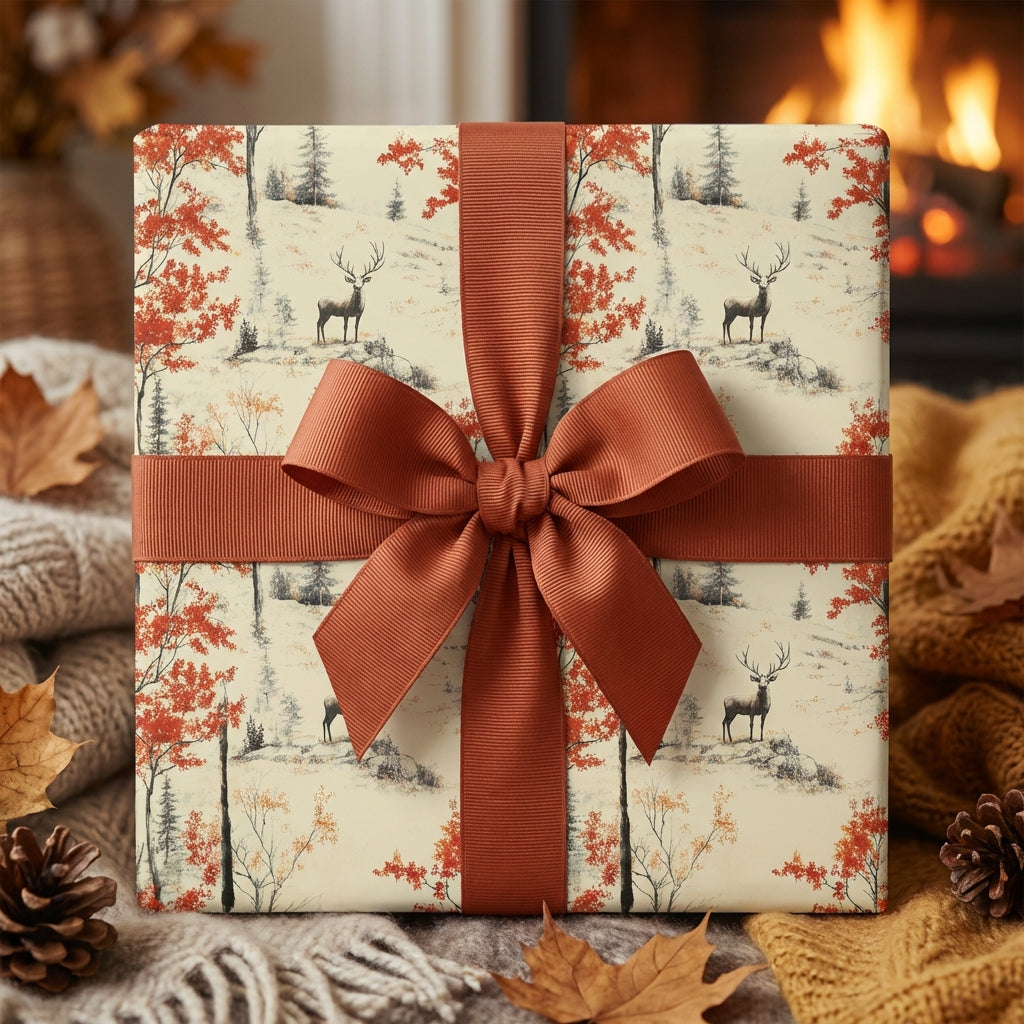 Square gift wrapped in rustic deer print wrapping paper with orange ribbon bow for Christmas or birthday.