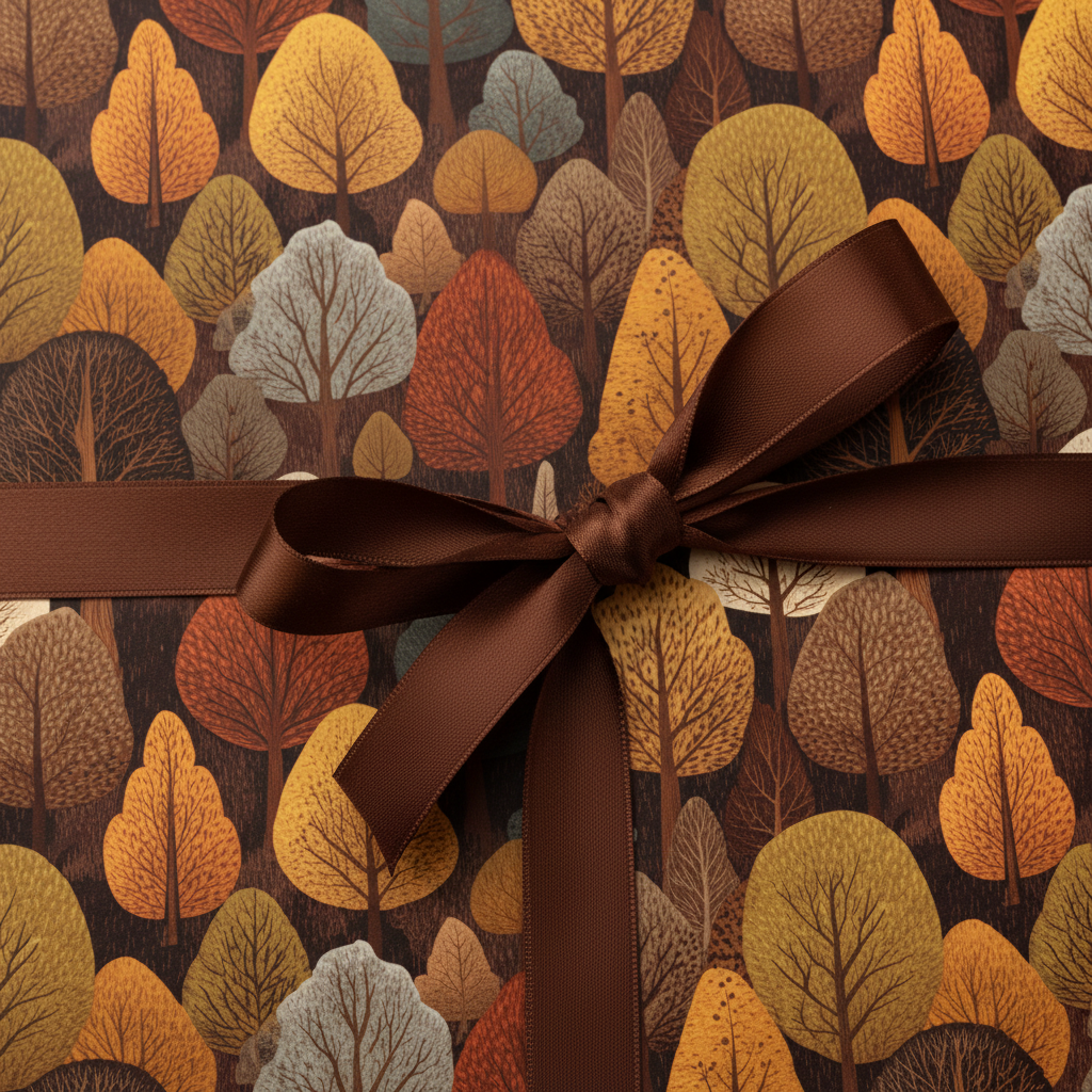 Stylish gift wrap with a dark brown ribbon on an autumnal tree pattern, perfect for fall birthdays.