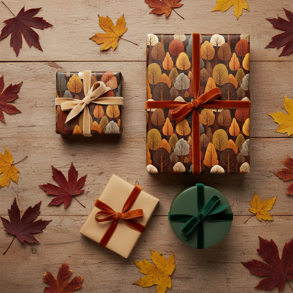 Gifts wrapped in autumn-themed wrapping paper with velvet ribbons, perfect fall birthday gift wrap.