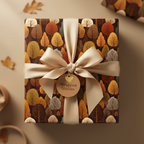 Autumn trees gift wrap on a box with a satin ribbon and fall leaves scattered nearby.
