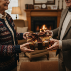 Cozy autumn scene with a stylish brown ribbon-tied gift box wrapped in modern tree-patterned paper.