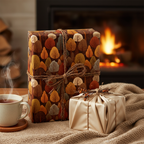 Rustic autumn gift wrap with a tree pattern tied with twine, plus a silken-wrapped present by a cozy fireplace.