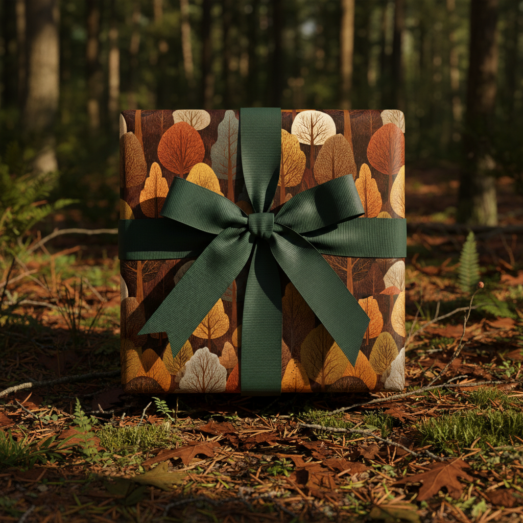 Gift box wrapped in autumn-themed wrapping paper, with a green bow, presented in a forest setting.