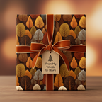 Autumn tree pattern wrapping paper with velvet ribbon and "From My Woods to Yours" gift tag.