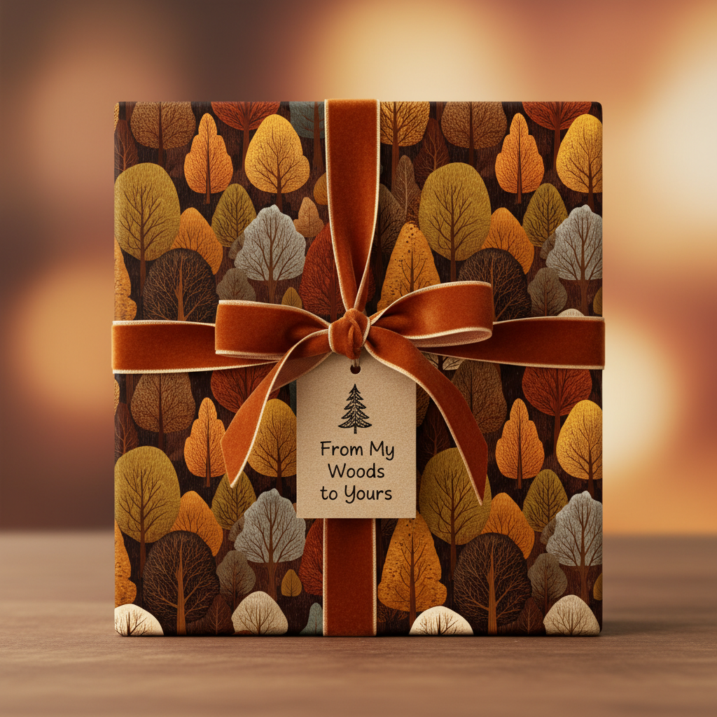 Autumn tree pattern wrapping paper with velvet ribbon and "From My Woods to Yours" gift tag.
