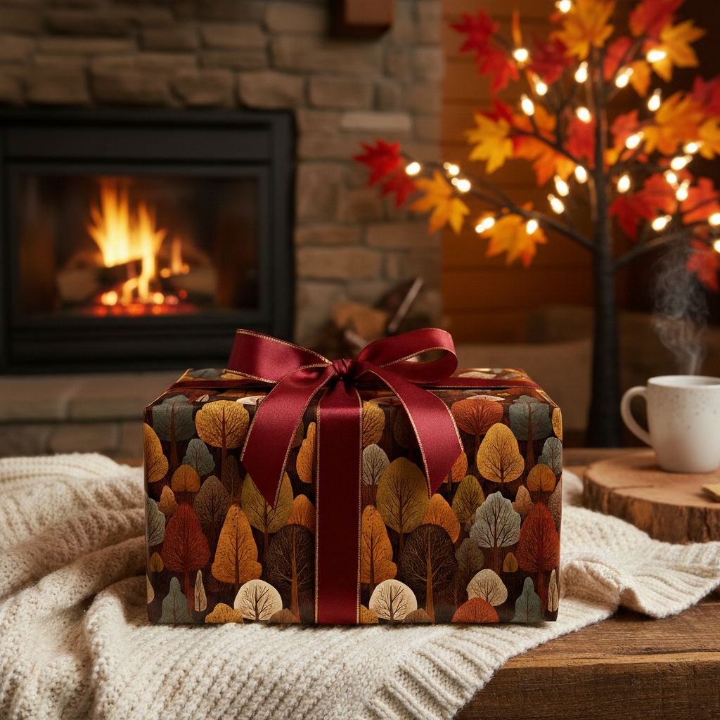 Autumn tree pattern gift wrapped with red ribbon, rustic wrapping paper for fall birthday or Thanksgiving present.