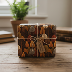 Square gift wrapped in brown autumnal tree print paper with twine bow on rustic wood table.