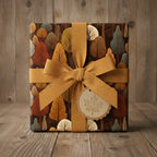 Autumn gift wrap: Square box with fall tree pattern and gold ribbon bow on wood.