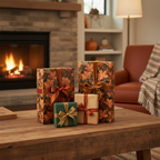 Autumn gifts wrapped in leaf-patterned paper with brown velvet ribbons for fall celebrations.