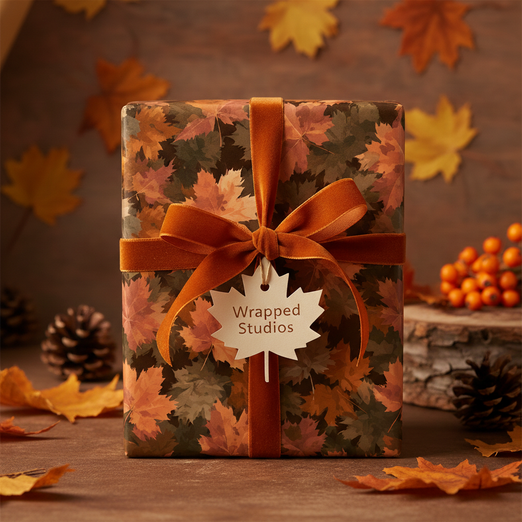 Autumn gift wrapped in botanical leaf paper, tied with a rust-colored velvet ribbon bow.