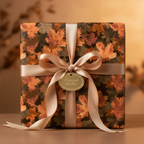 Autumn wrapping paper with orange maple leaf design, tied with a satin ribbon and decorative gift tag.