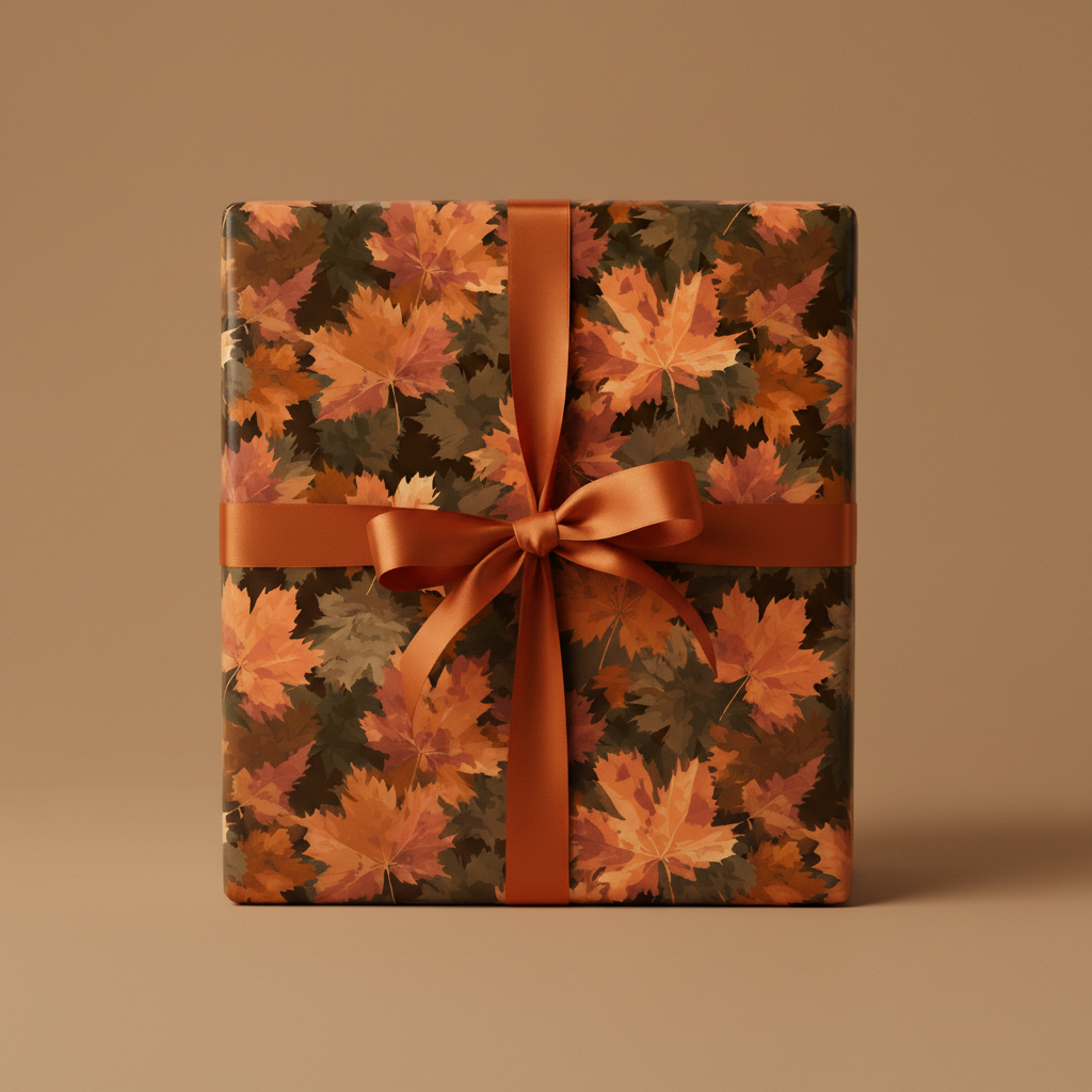 Square gift wrapped in fall-themed maple leaf paper with burnt orange ribbon.