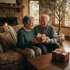 Elderly couple exchanging gifts wrapped in autumn-themed floral wrapping paper with gold ribbon indoors.