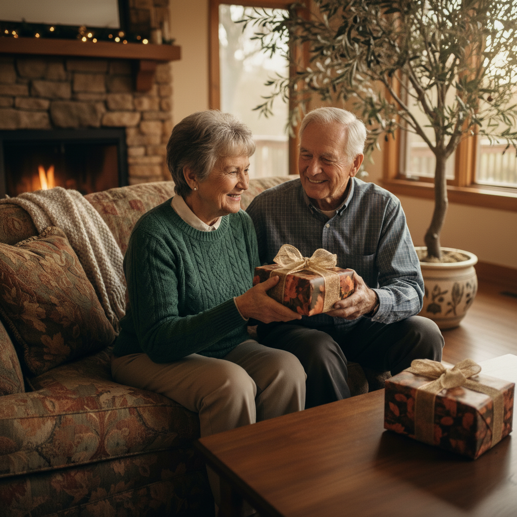 Elderly couple exchanging gifts wrapped in autumn-themed floral wrapping paper with gold ribbon indoors.