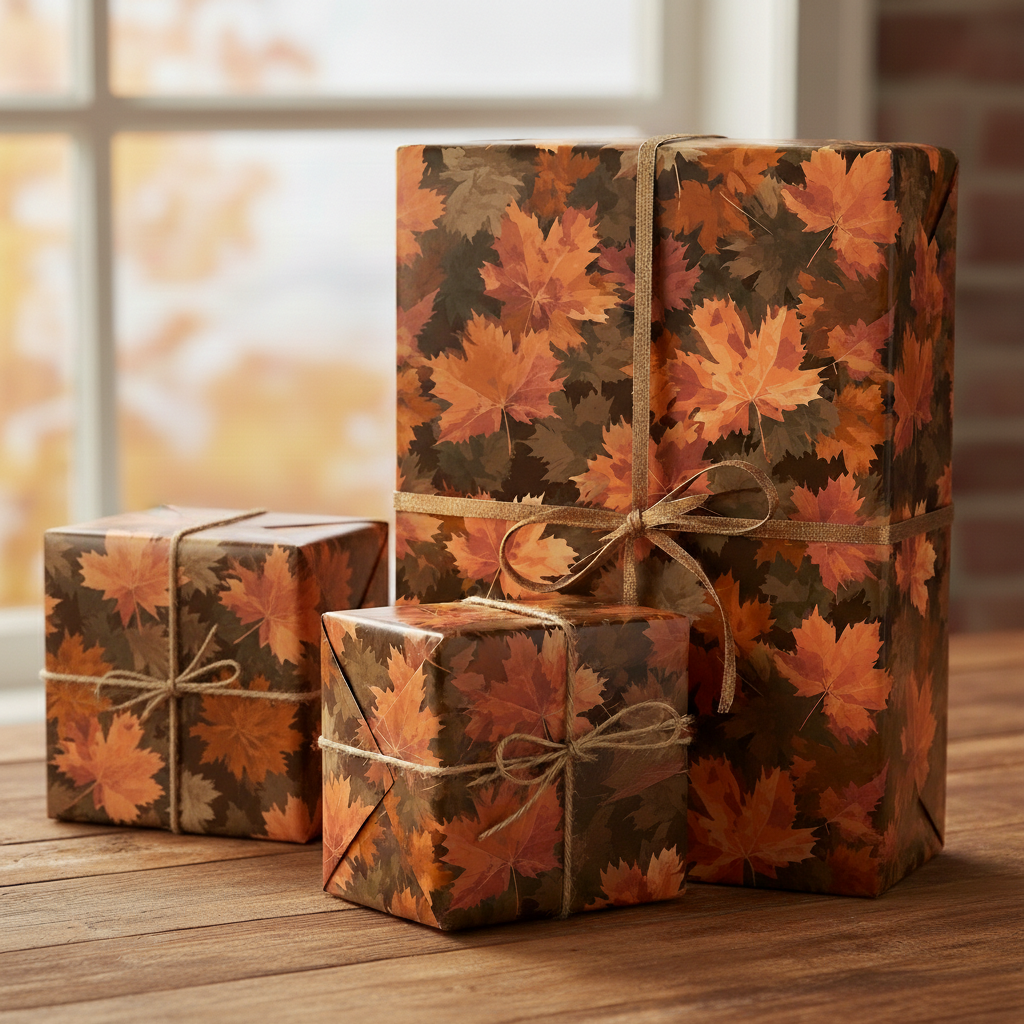 Gifts wrapped in autumn leaf wrapping paper with twine on a wooden table near a window.