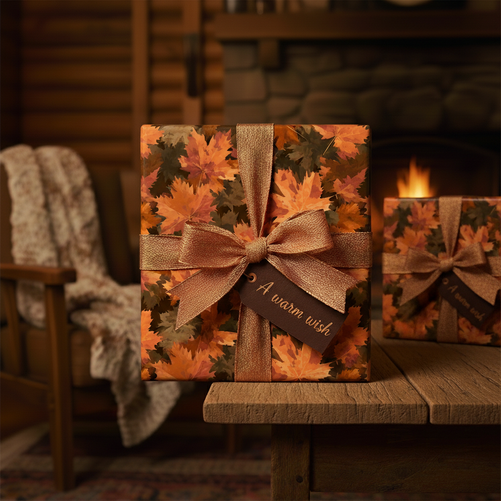 Elegant autumn gift wrap: Square presents with orange fall leaf pattern, gold ribbon & "warm wish" tag by cozy fireplace.