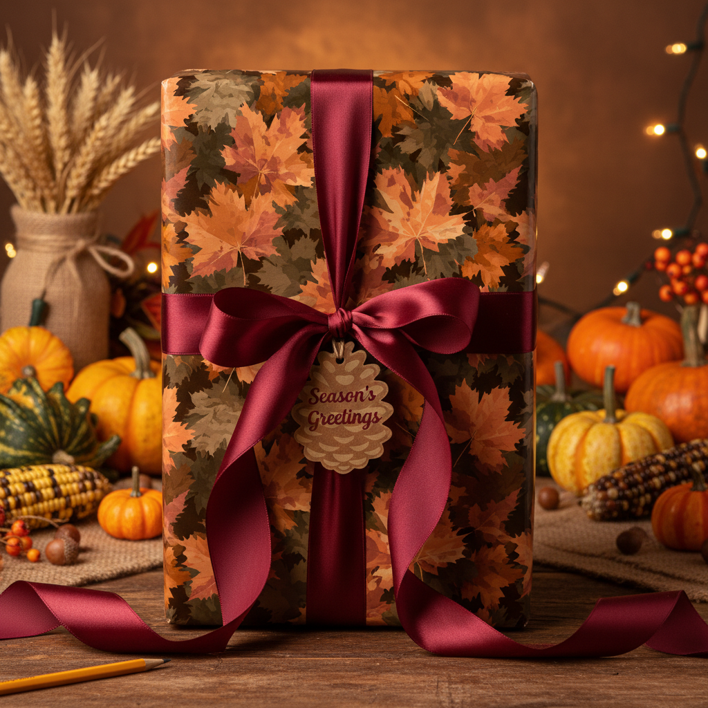 Fall themed gift box wrapped in leaf print paper with burgundy ribbon & "Season's Greetings" tag.