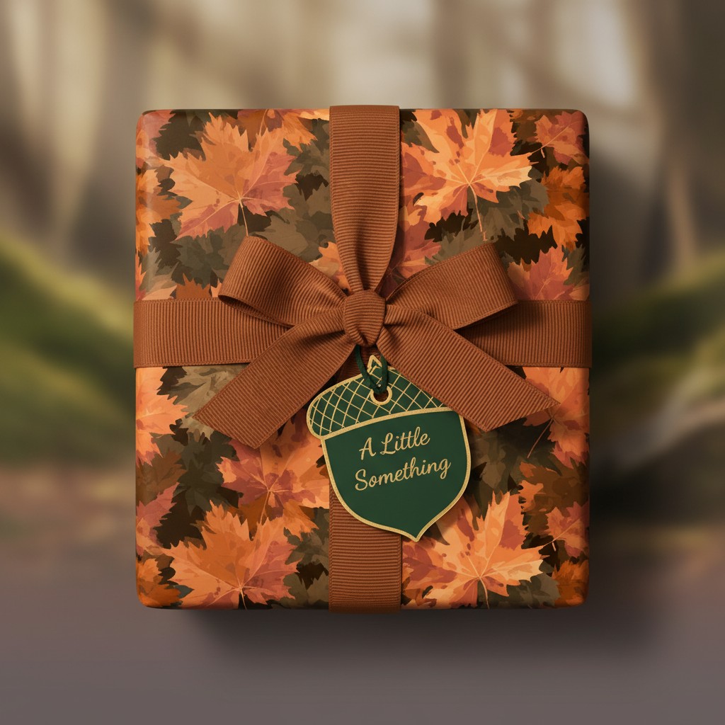 Autumn leaf wrapping paper on a gift box with brown ribbon and acorn gift tag.