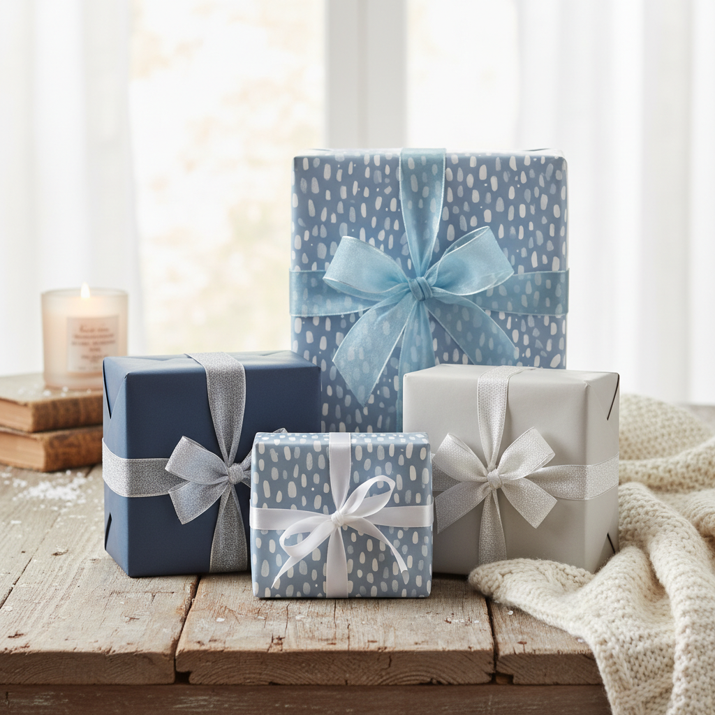 Assorted modern gift boxes wrapped in light blue pattern paper and solid color wrap with ribbon.
