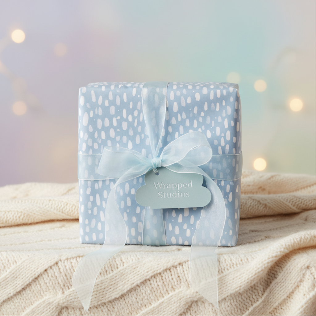 Light blue gift wrapped in modern pattern paper with sheer ribbon and cloud tag.