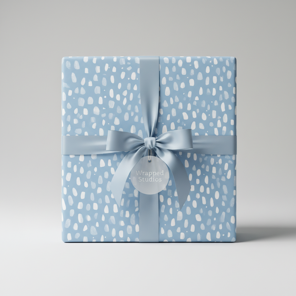 Square gift wrapped in light blue patterned paper with matching satin ribbon and bow.