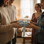 Baby shower gift exchange with blue polka dot wrapping paper and light blue ribbon.