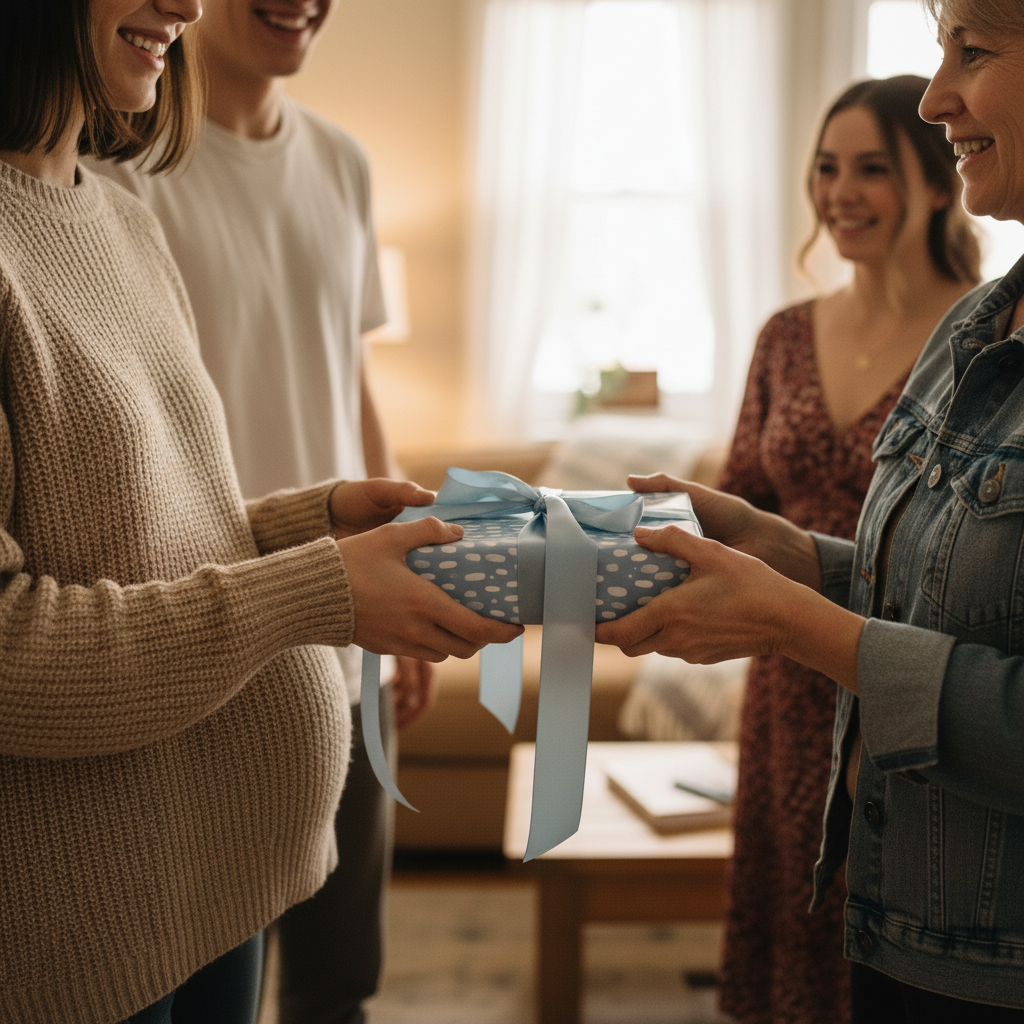 Baby shower gift exchange with blue polka dot wrapping paper and light blue ribbon.