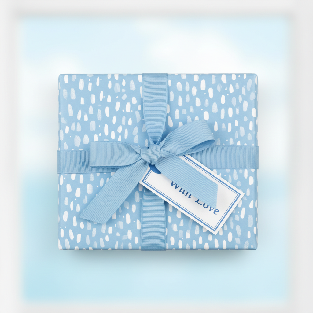 Baby blue gift box wrapped in modern minimalist wrapping paper with a "With Love" tag and matching ribbon.