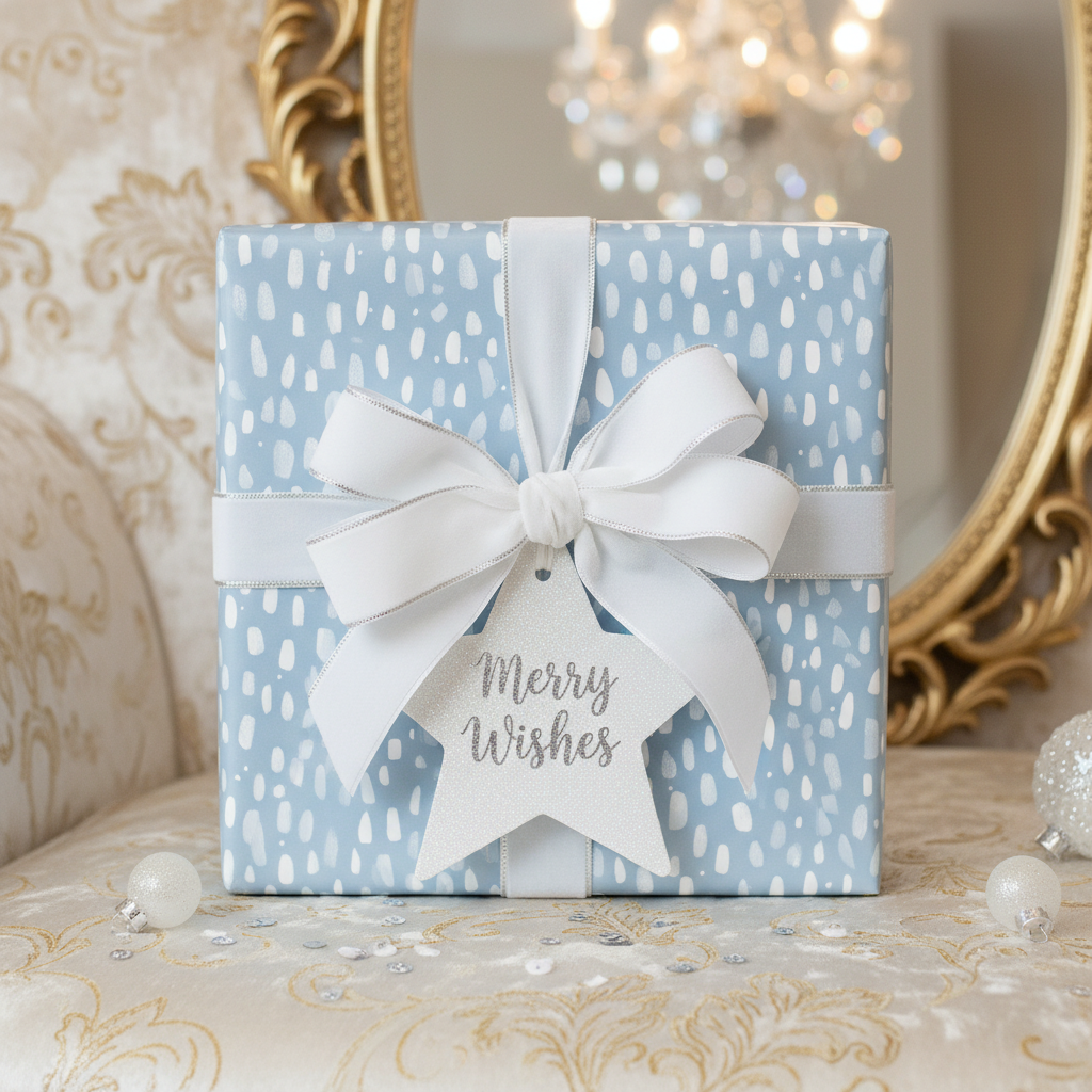 Elegant baby blue gift wrapped with a white bow and a "Merry Wishes" tag for a Christmas present.