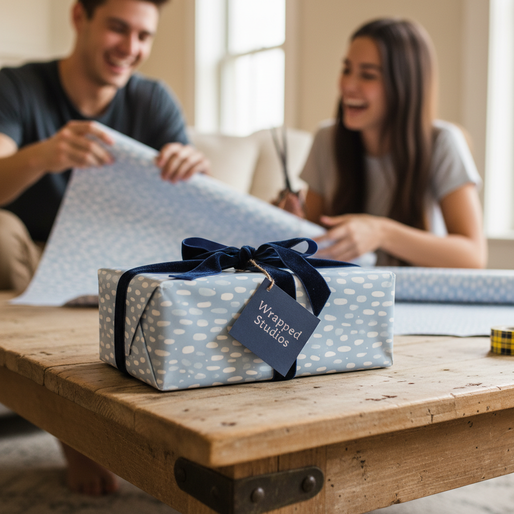Young couple wrapping gifts with elegant blue patterned wrapping paper and navy velvet ribbon.