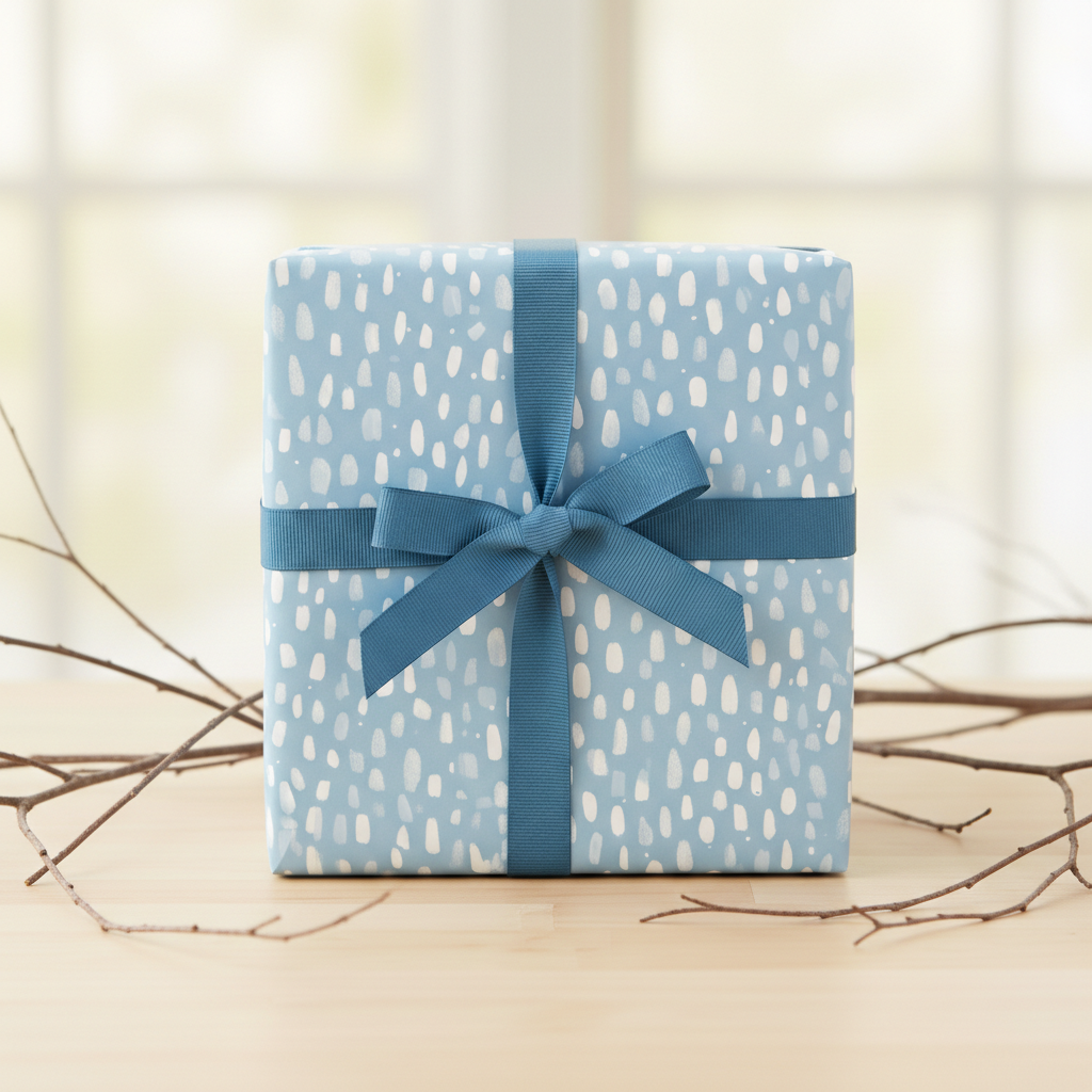 Light blue birthday wrapping paper with abstract raindrop pattern and teal ribbon.