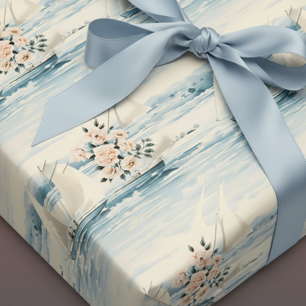 Elegant floral wrapping paper with sailboats and a soft blue satin ribbon.
