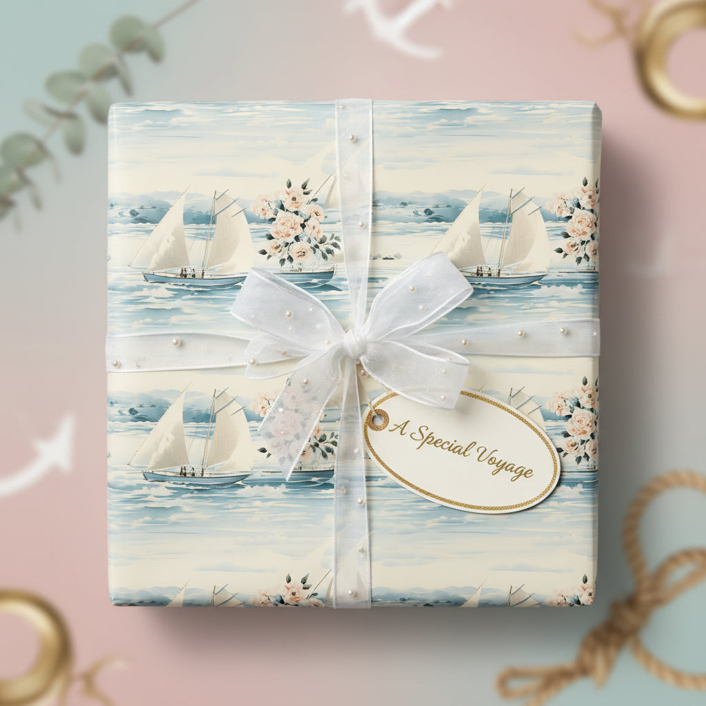 Nautical gift wrap featuring sailboats and roses, tied with a sheer ribbon bow for a special occasion.