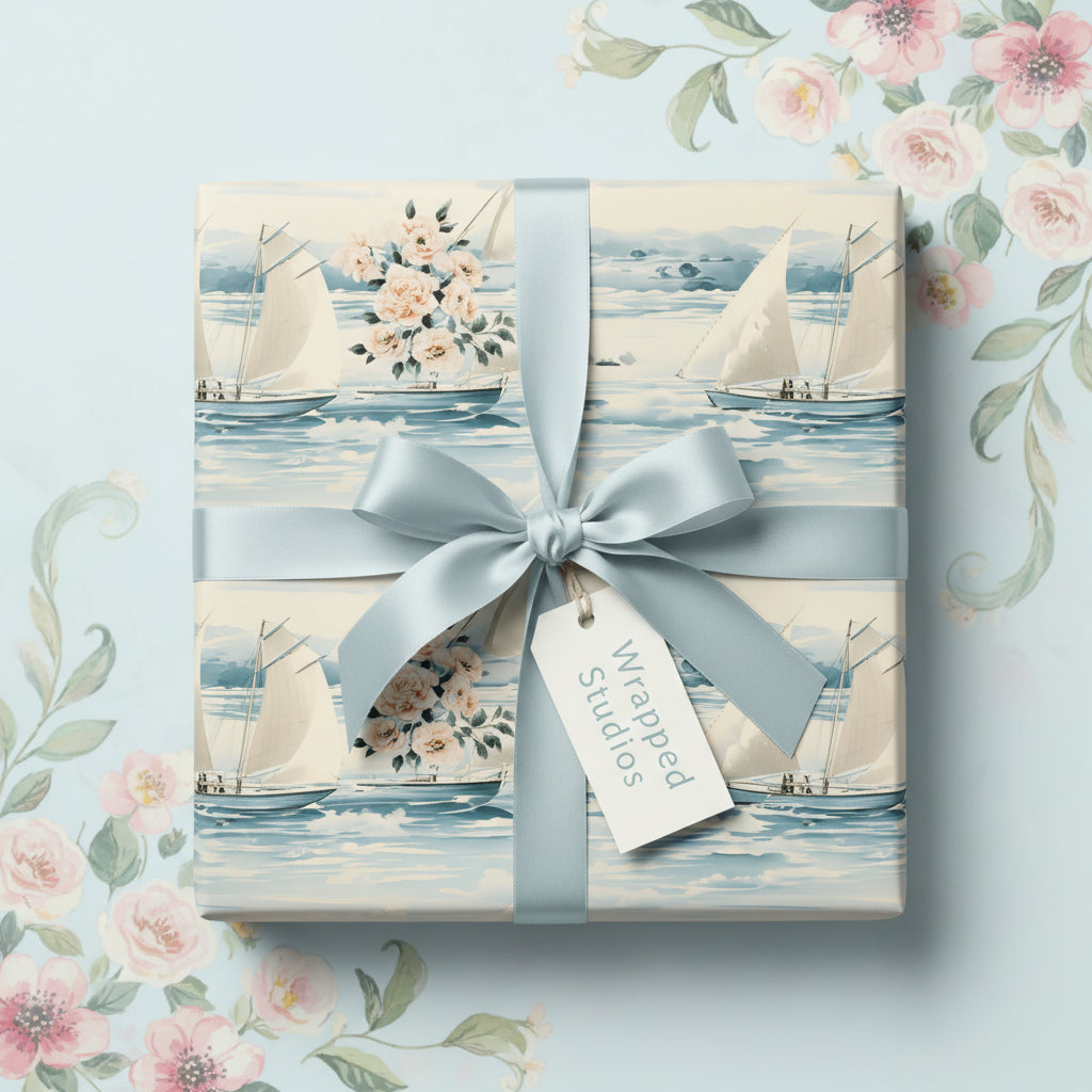 Elegant square gift wrapped in floral and sailboat pattern wrapping paper with light blue ribbon.