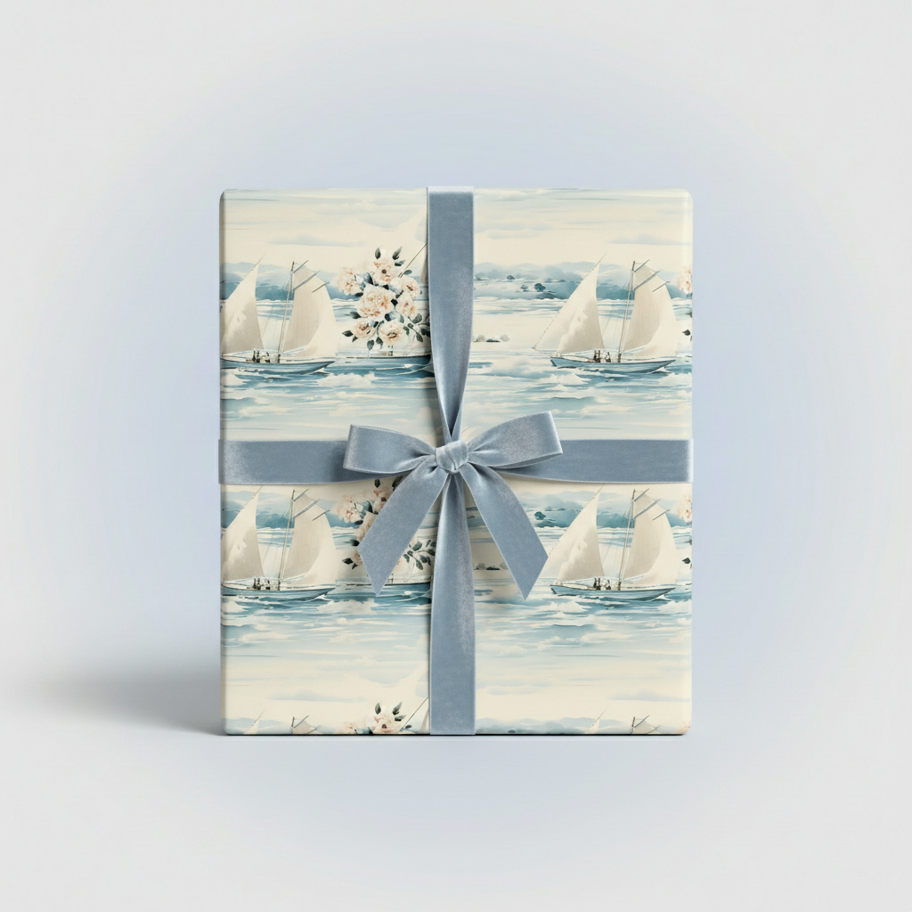 Elegant sailboat wrapping paper featuring a blue velvet ribbon tied around a rectangular gift box.