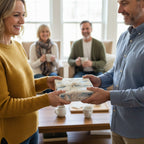 Woman receiving a gift wrapped in coastal-themed paper with a lace ribbon for a special occasion.