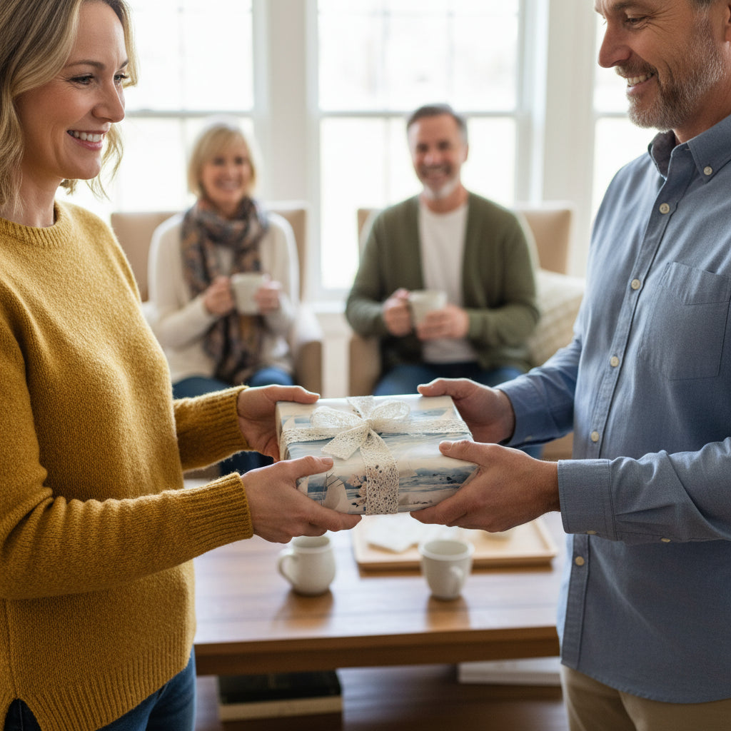 Woman receiving a gift wrapped in coastal-themed paper with a lace ribbon for a special occasion.
