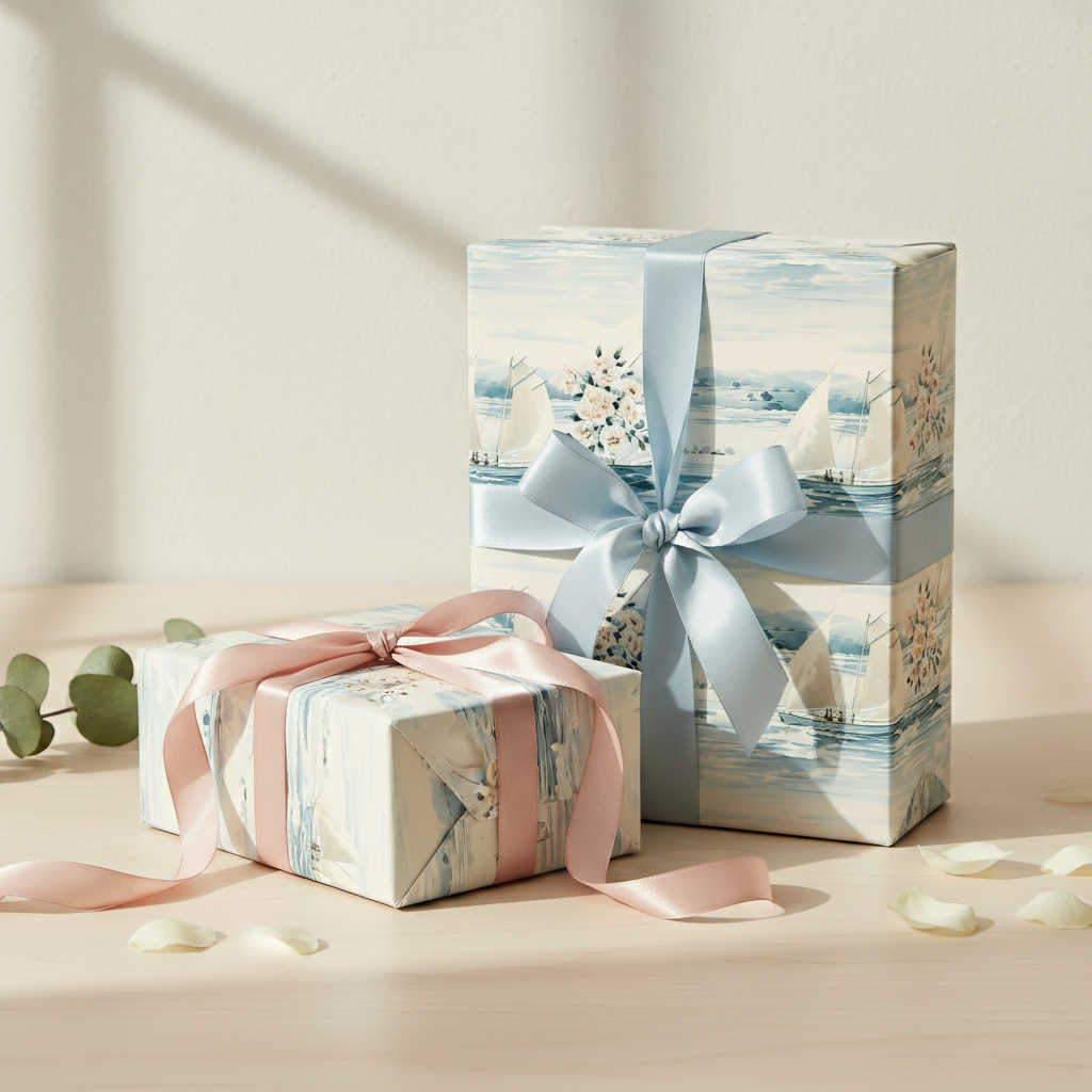 Elegant gifts wrapped in sailboat wrapping paper, with light blue and pink ribbon bows, on a table.