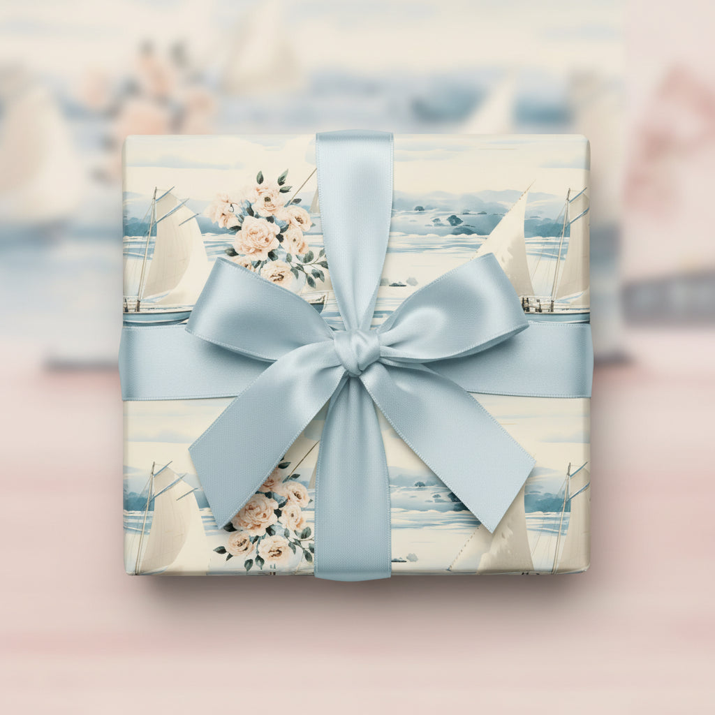 Elegant gift wrapped in floral sailboat wrapping paper with a light blue satin ribbon.
