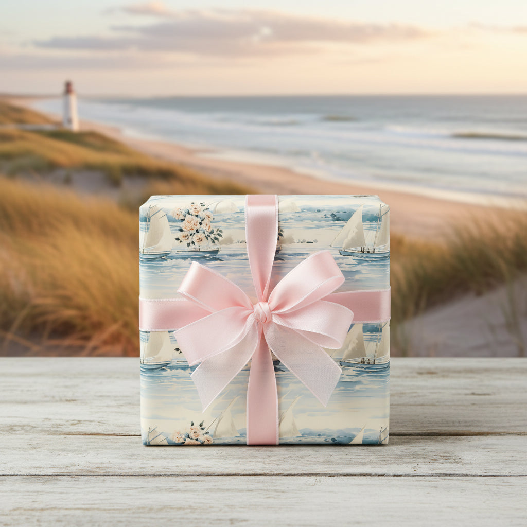 Gift wrapped in floral and sailboat wrapping paper with a pink ribbon, seaside background.