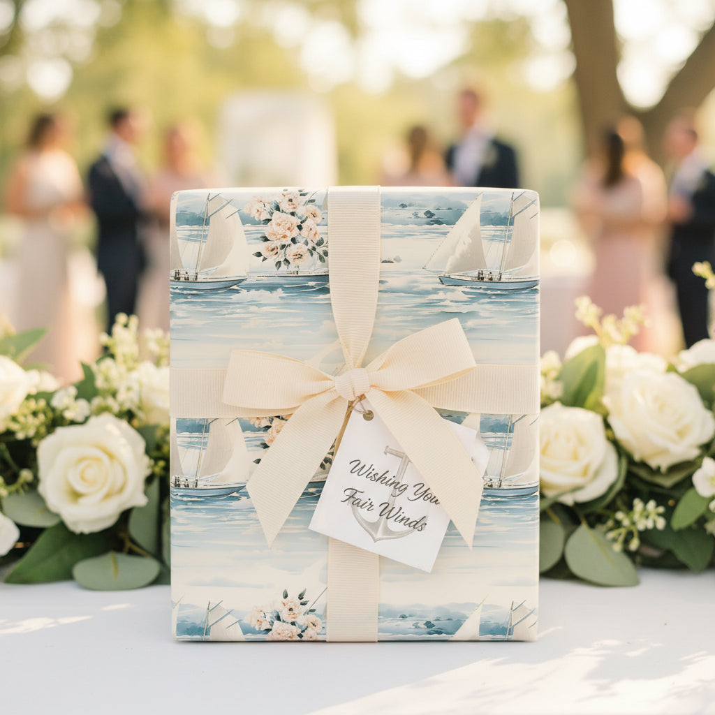 Elegant wedding gift wrapped in sailboat and floral wrapping paper with ivory ribbon, "Wishing You Fair Winds" tag.