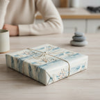 Elegant gift wrapped in floral wrapping paper with a nautical, watercolor design and twine bow.