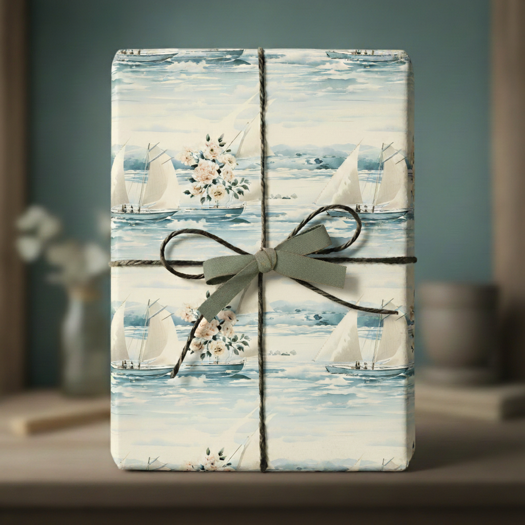 Elegant gift wrapped in sailboat wrapping paper with floral accents and a sage green ribbon.