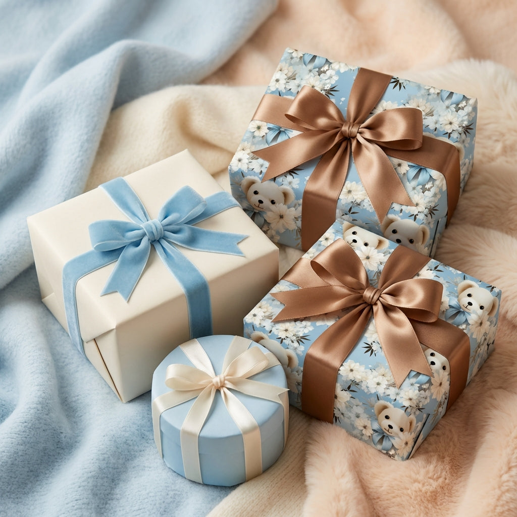 Elegant baby shower gifts wrapped in floral and teddy bear wrapping paper with satin ribbon bows.
