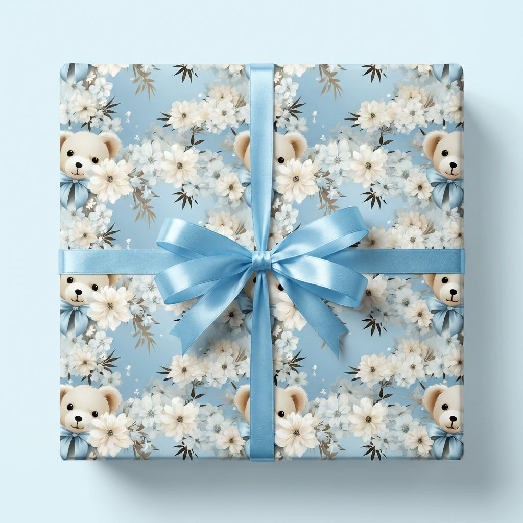 Baby shower gift wrap. Pale blue wrapping paper with bears, cream flowers, and satin blue ribbon.
