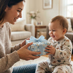 Baby receives a gift wrapped in light blue floral wrapping paper with ribbon.