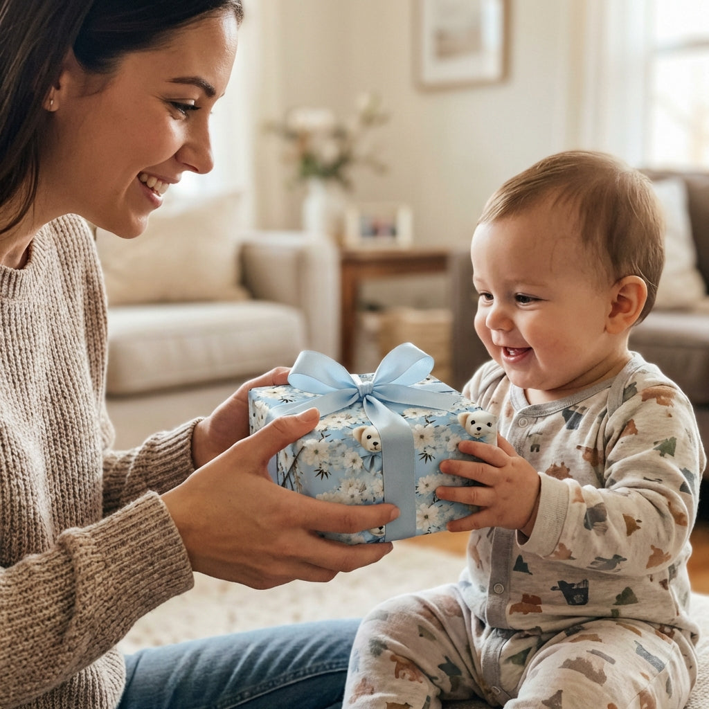 Baby receives a gift wrapped in light blue floral wrapping paper with ribbon.