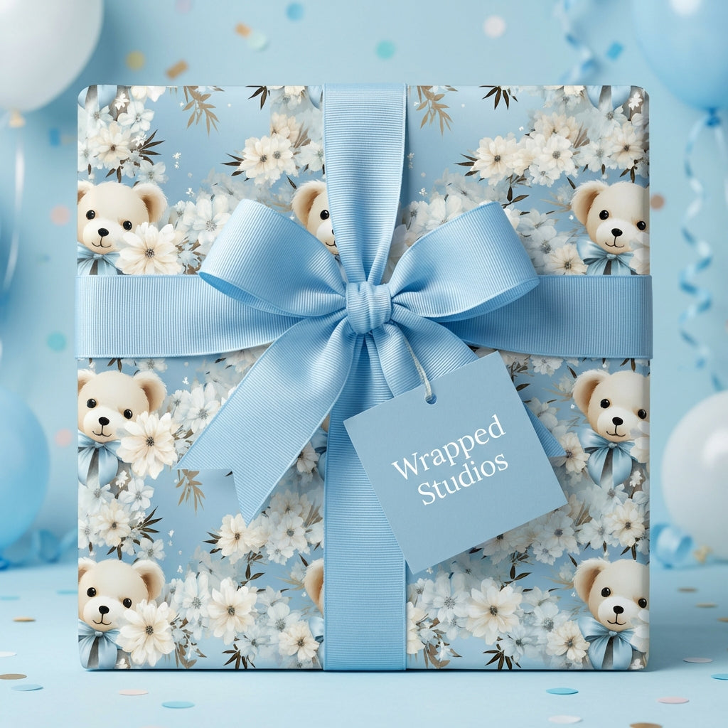 Wrapped Studios baby shower wrapping paper with cute bears and floral design.
