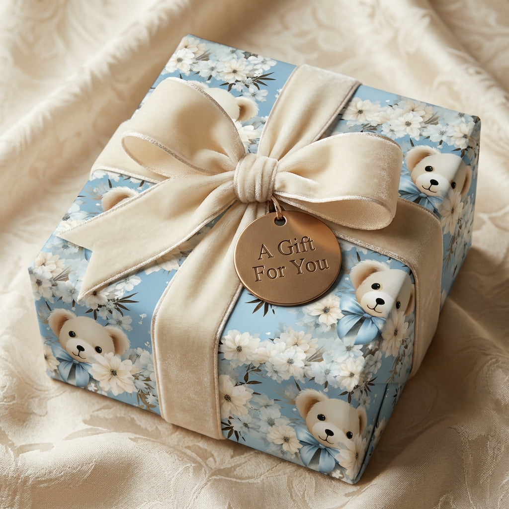 Blue floral wrapping paper with teddy bear print, velvet ribbon, and "A Gift For You" tag.