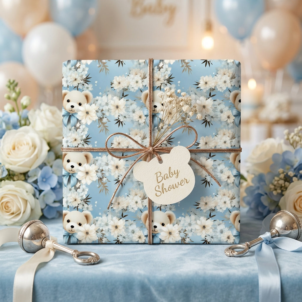 Light blue baby shower wrapping paper with floral teddy bear design and copper string tie.